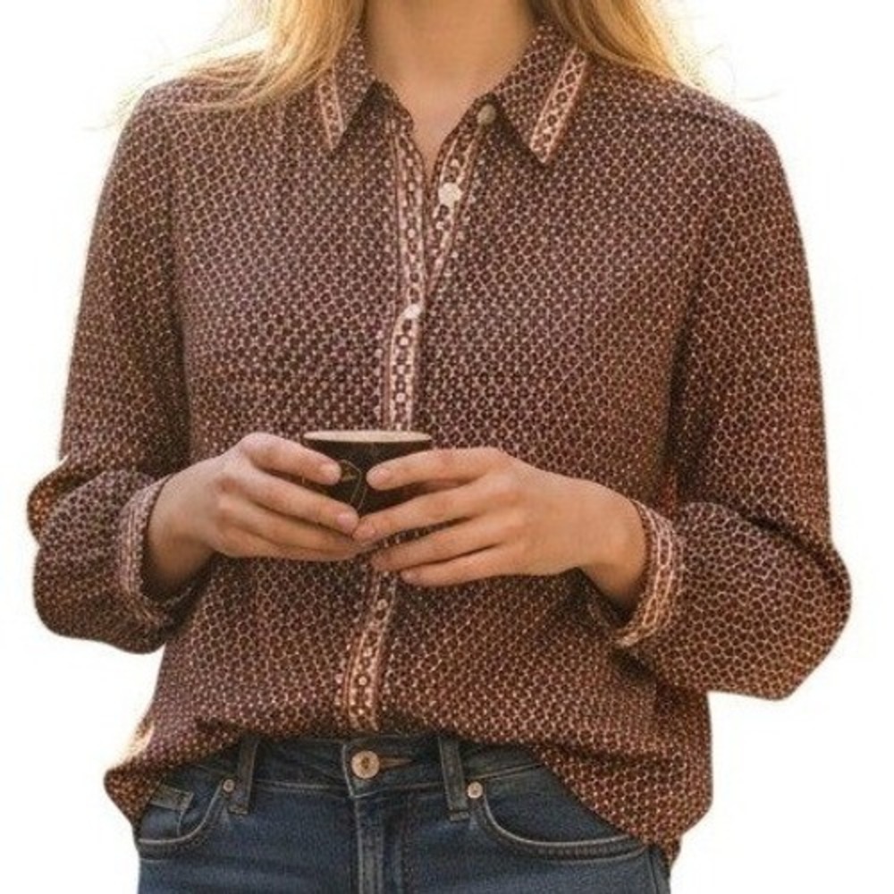 Max Studio Womens Geometric Print Button Down Blouse Black Red Brown Medium